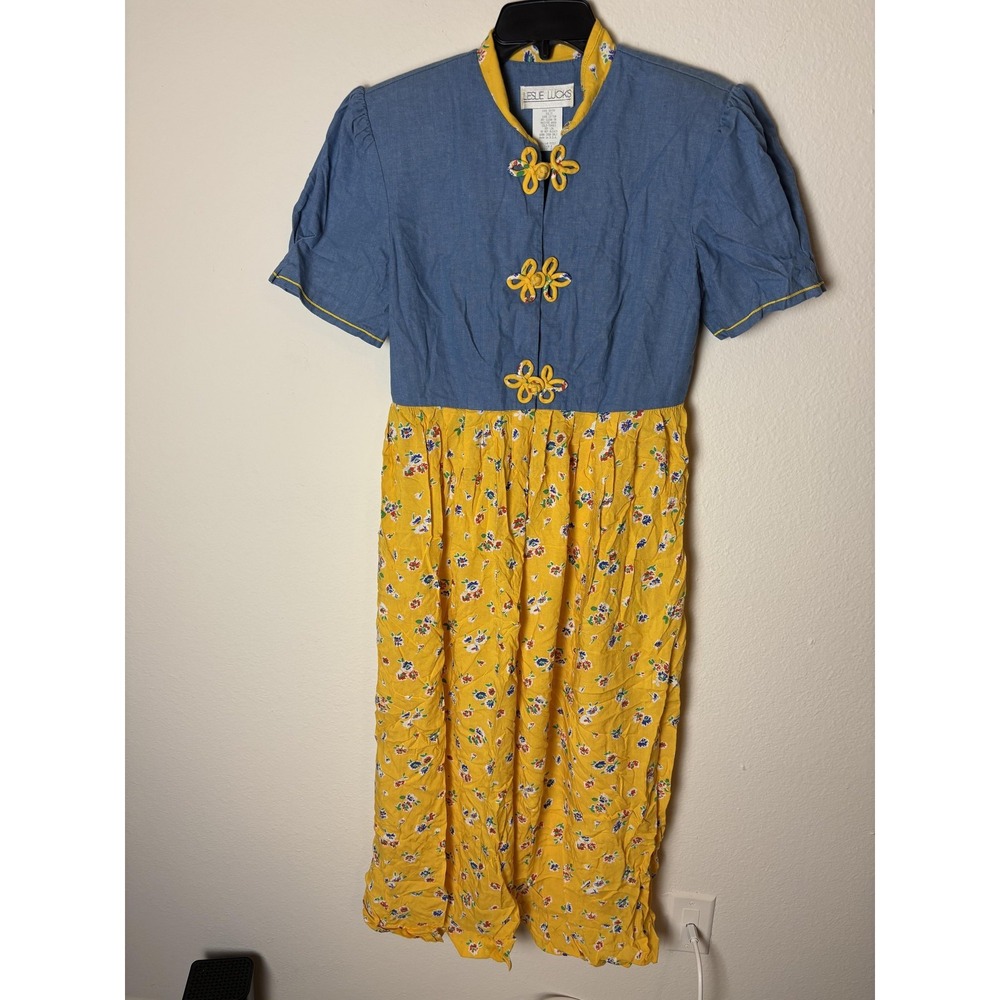 Vintage 80s Sz 8‎ Leslie Lucks Dress Cottagecore Floral Puff Sleeve Made USA